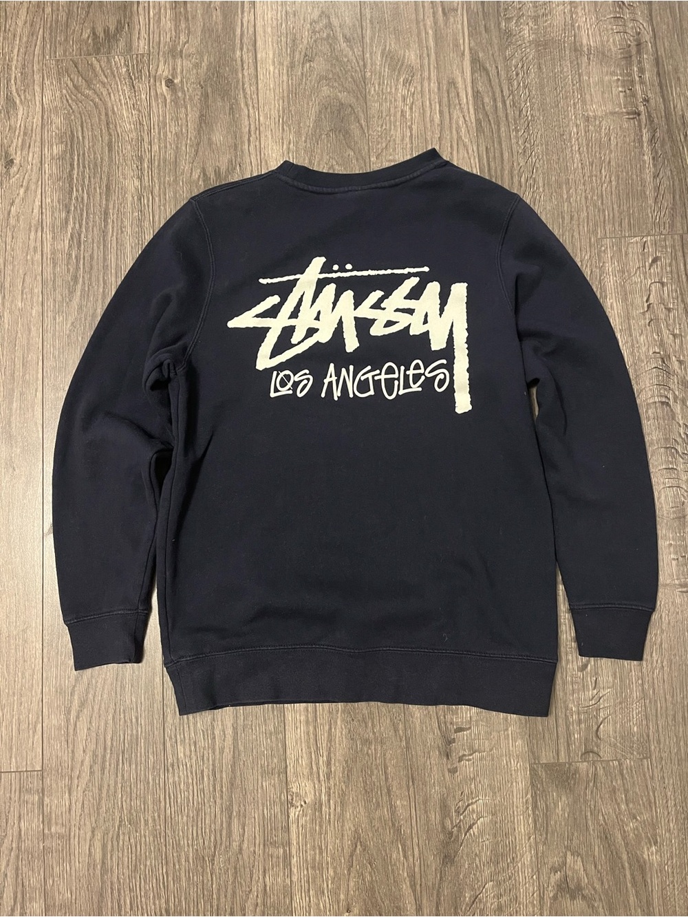 Stussy Navy los Angeles Crewneck with White Script Logo